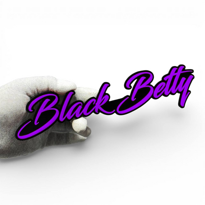 Black Betty acrylic car emblem decal for Camaro SS, Mustang GT, Challenger, and performance vehicles.