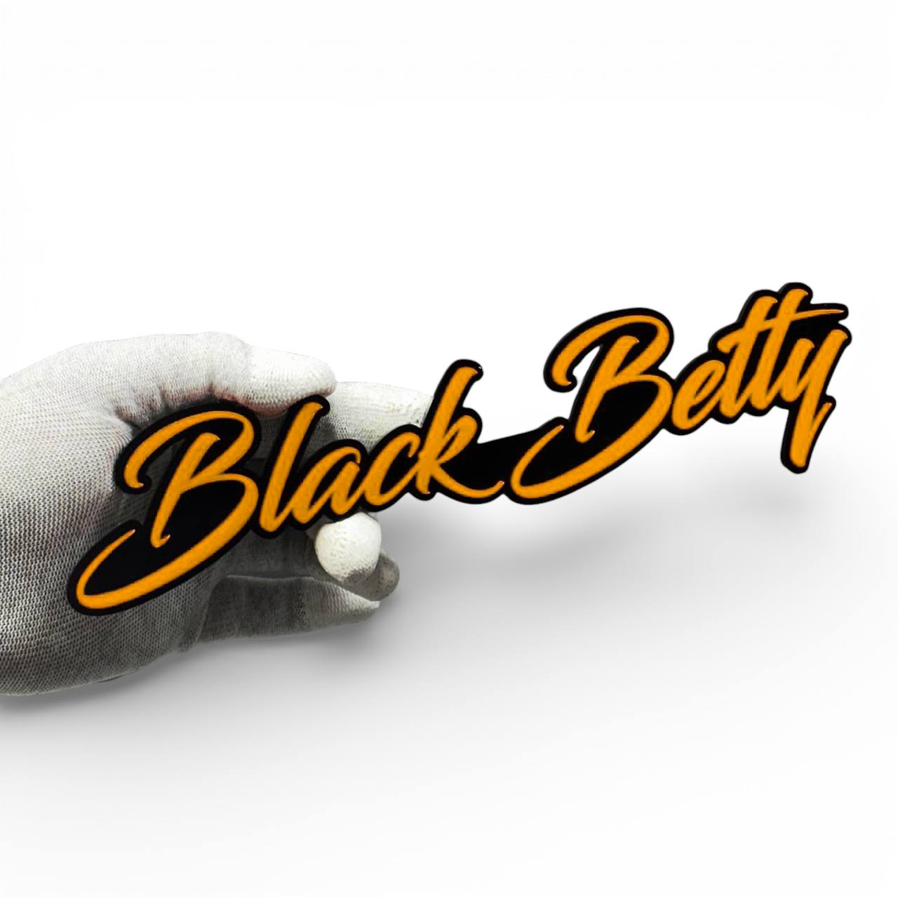 Black Betty bold script badge in black and white for Dodge Charger, Challenger, and custom car exterior decor.