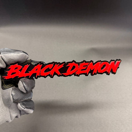 Black Demon red and black custom car text badge automotive emblem for performance vehicles