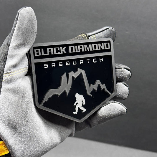 Custom Black Diamond Sasquatch mountain badge with Bigfoot emblem design for vehicle exterior