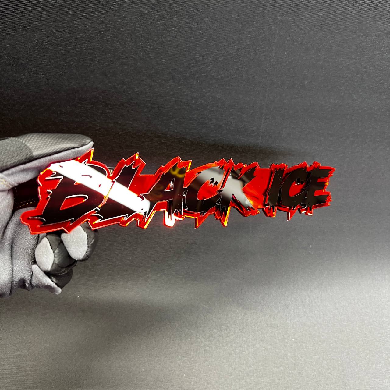Red and black BLACK ICE automotive badge for custom vehicles
