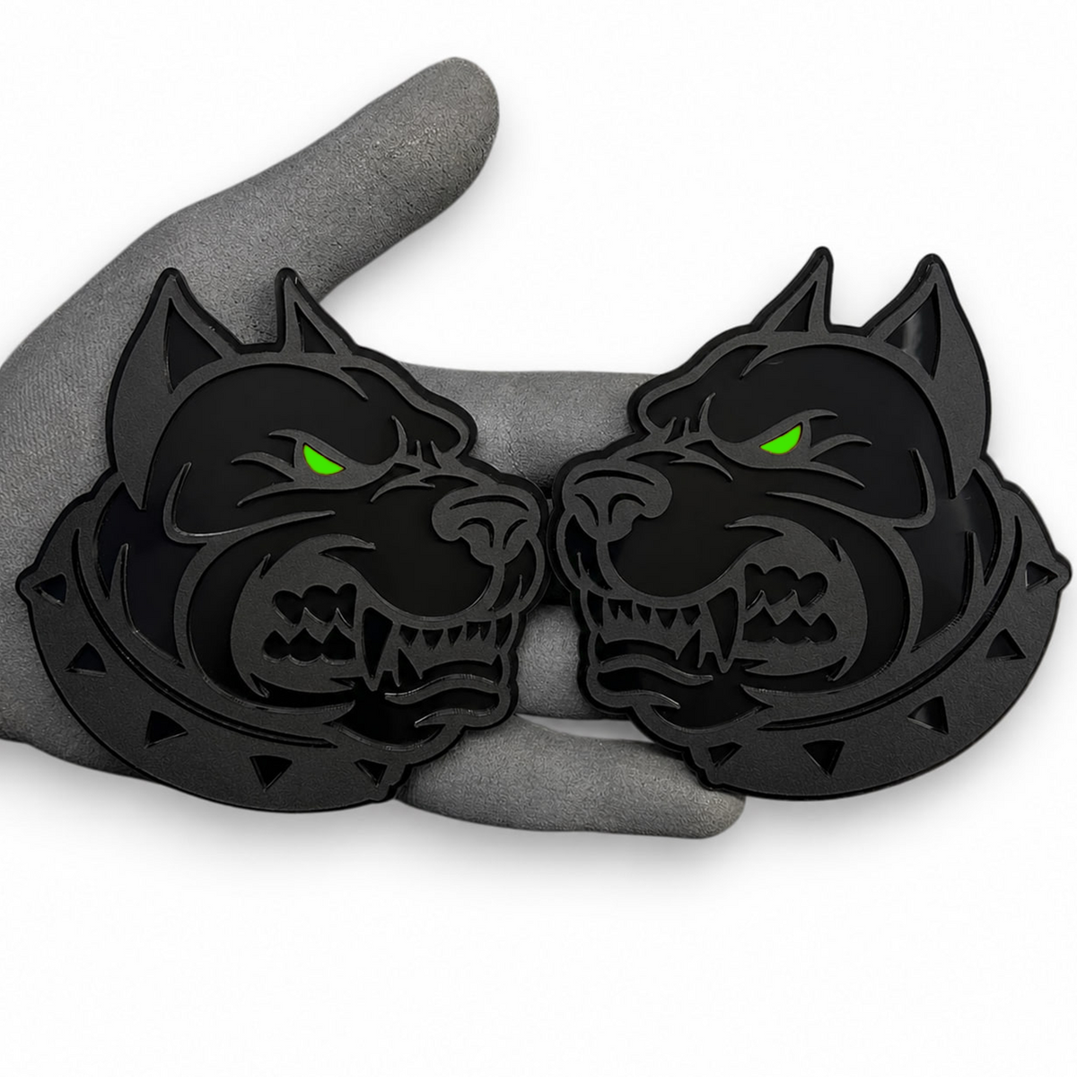Angry pitbull fender emblem custom car badge featuring a black dog head with red eye detail