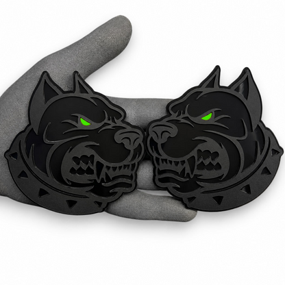 Angry pitbull fender emblem custom car badge featuring a black dog head with red eye detail