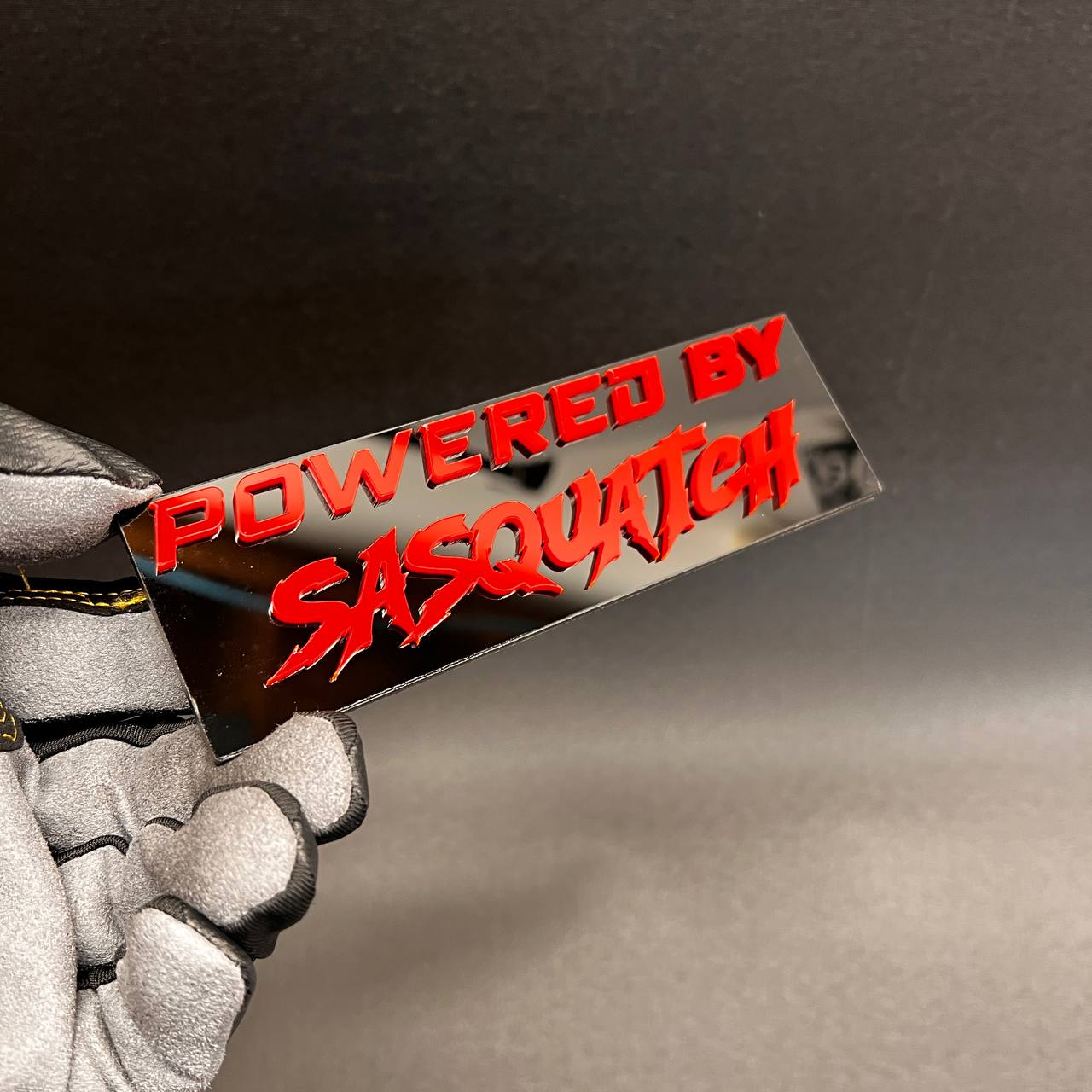 Powered by Sasquatch red and black custom car text badge emblem