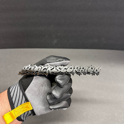 Black Scorpion acrylic car badge emblem mounted custom text design for trucks and muscle cars