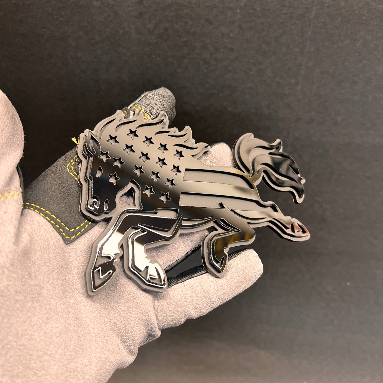 Bucking horse patriotic auto fender badge with stars and stripe design