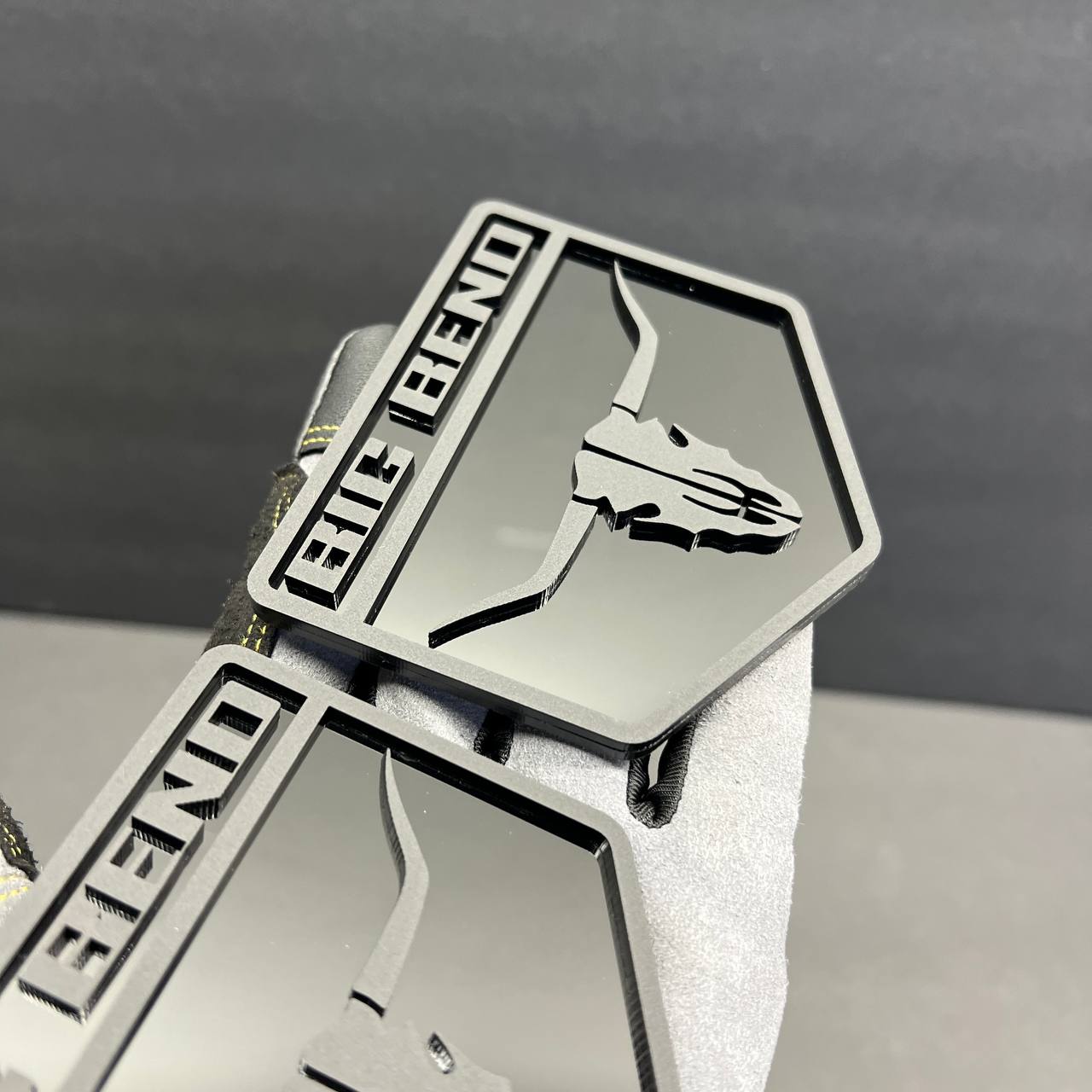 Custom Big Bend Car Badge Fender Emblem featuring engraved longhorn skull artwork.