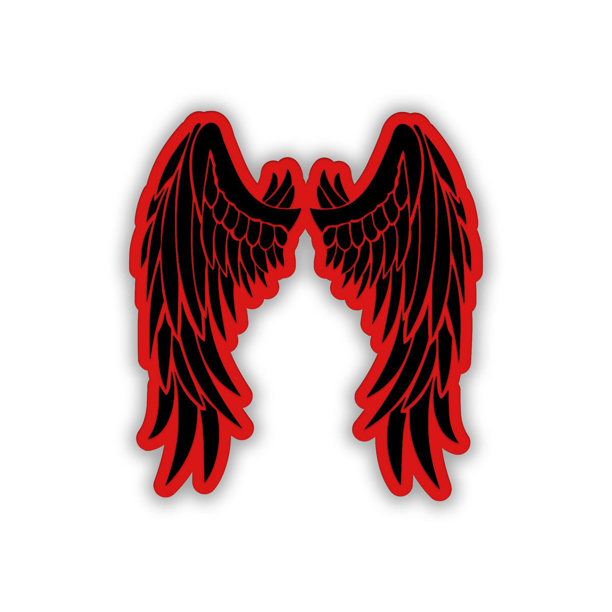 Angel wings car badge with black engraved details and brushed silver finish.
