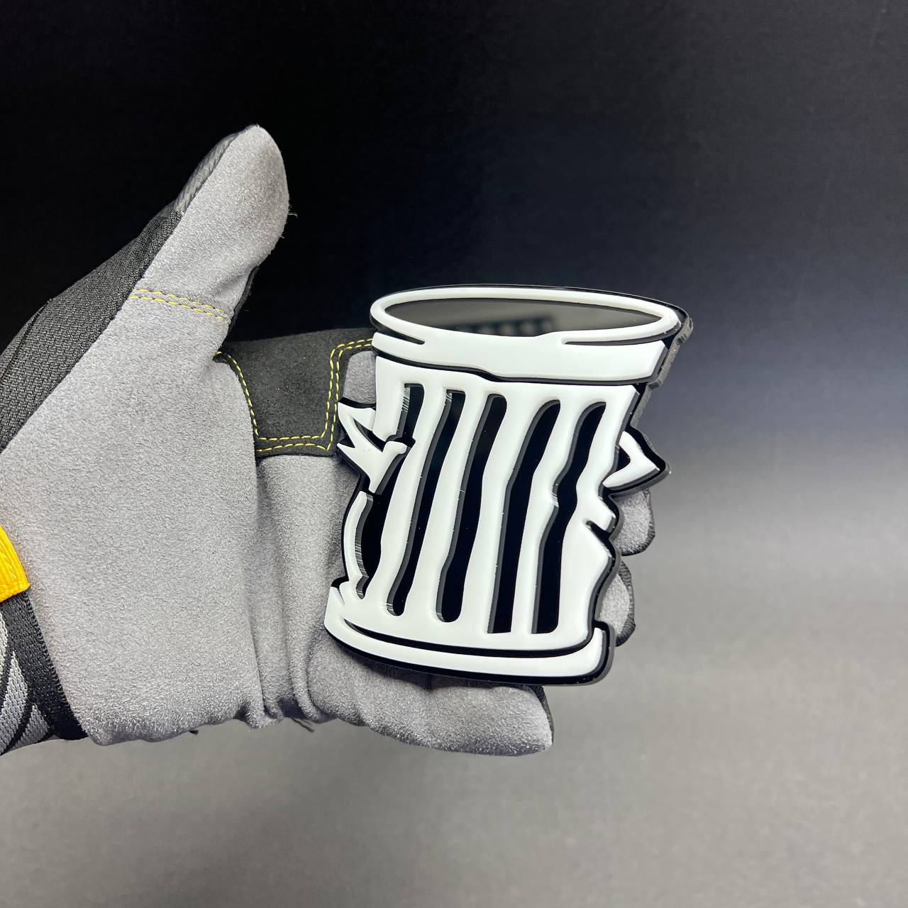 Novelty trash can badge for cars, trucks, SUVs, and custom builds