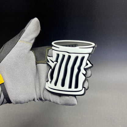 Novelty trash can badge for cars, trucks, SUVs, and custom builds