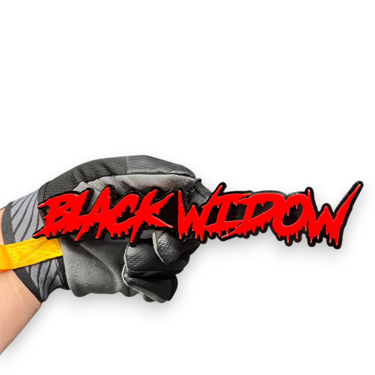 Black Widow red drip acrylic car emblem in aggressive racing style, custom automotive badge