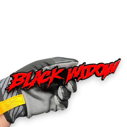 Black Widow red drip acrylic car emblem in aggressive racing style, custom automotive badge