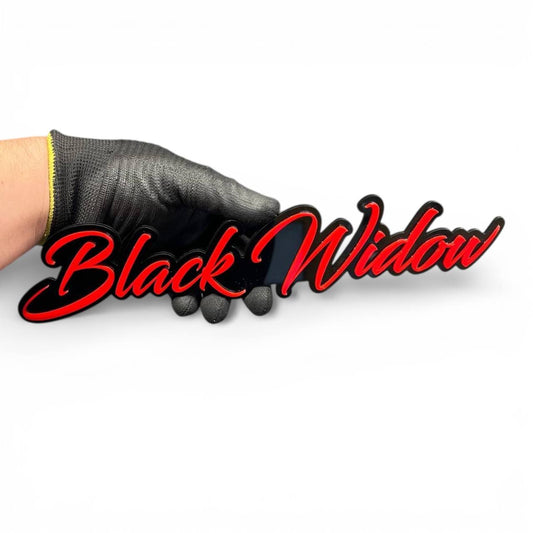 Black Widow red drip acrylic car emblem in aggressive racing style, custom automotive badge