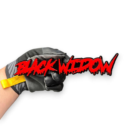 Front view of Black Widow custom acrylic car badge with red and black layered design