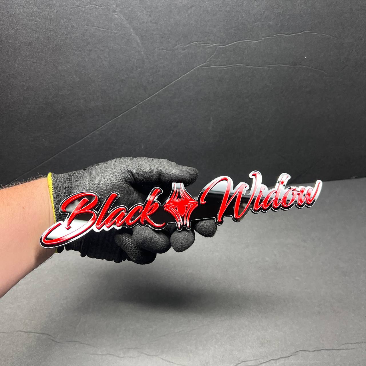 Black Widow red drip acrylic car emblem in aggressive racing style, custom automotive badge