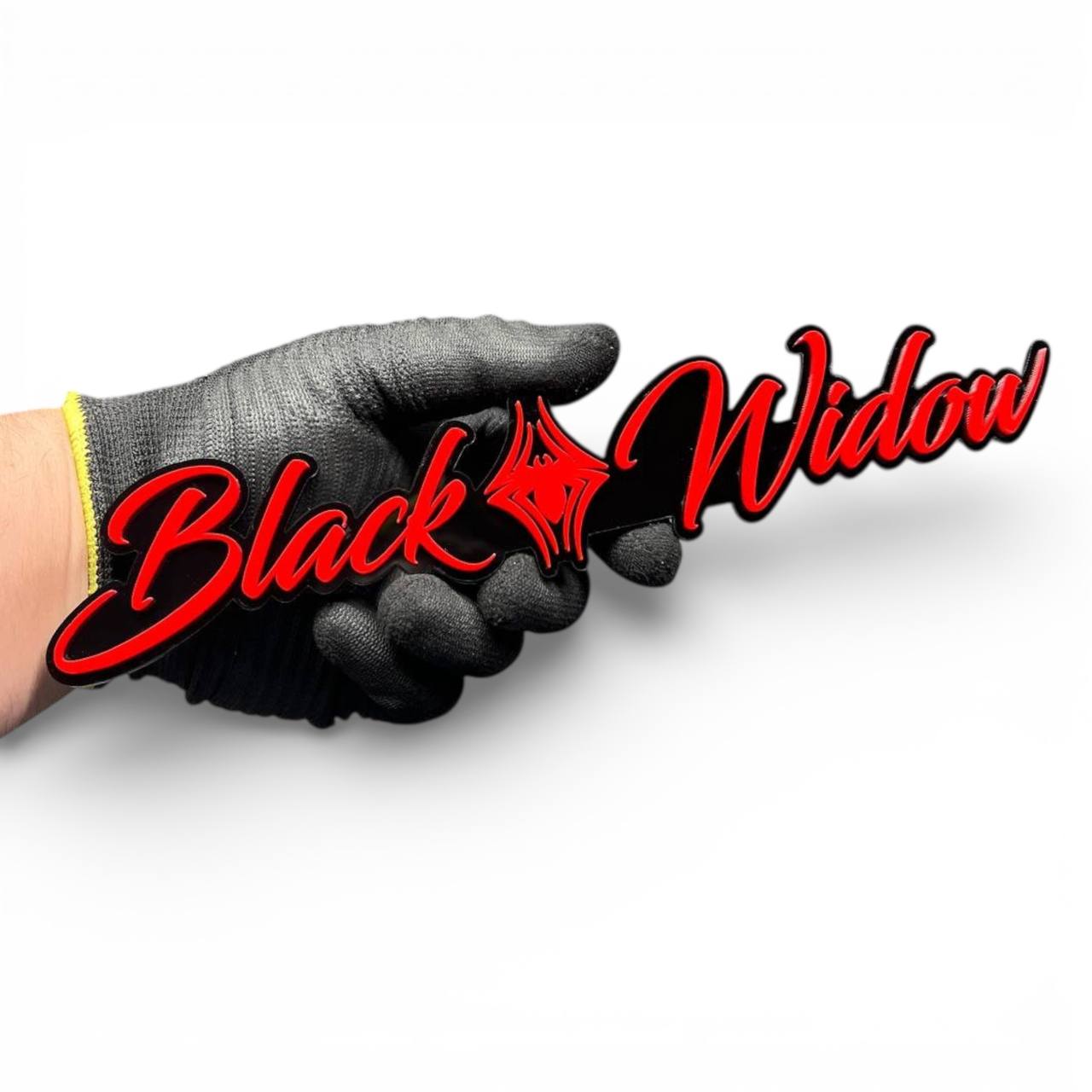 Black Widow acrylic car badge showing size and thickness, custom automotive emblem
