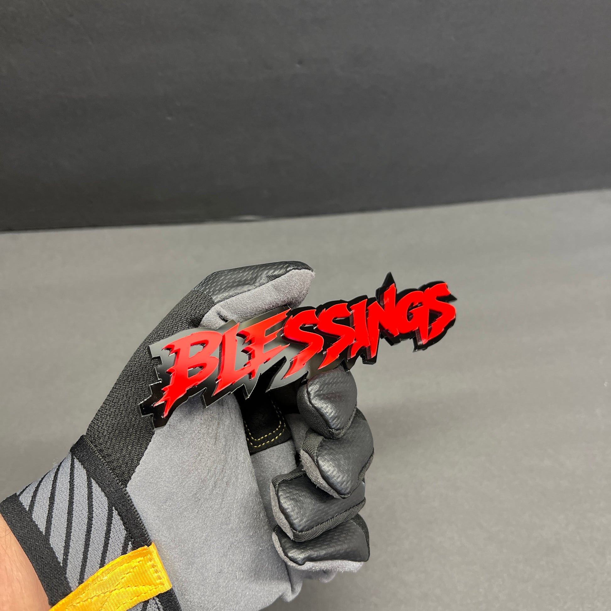 Blessings custom red acrylic text badge car fender emblem with black outline