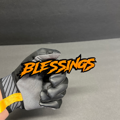 Red and black custom Blessings car badge decal with aggressive font style
