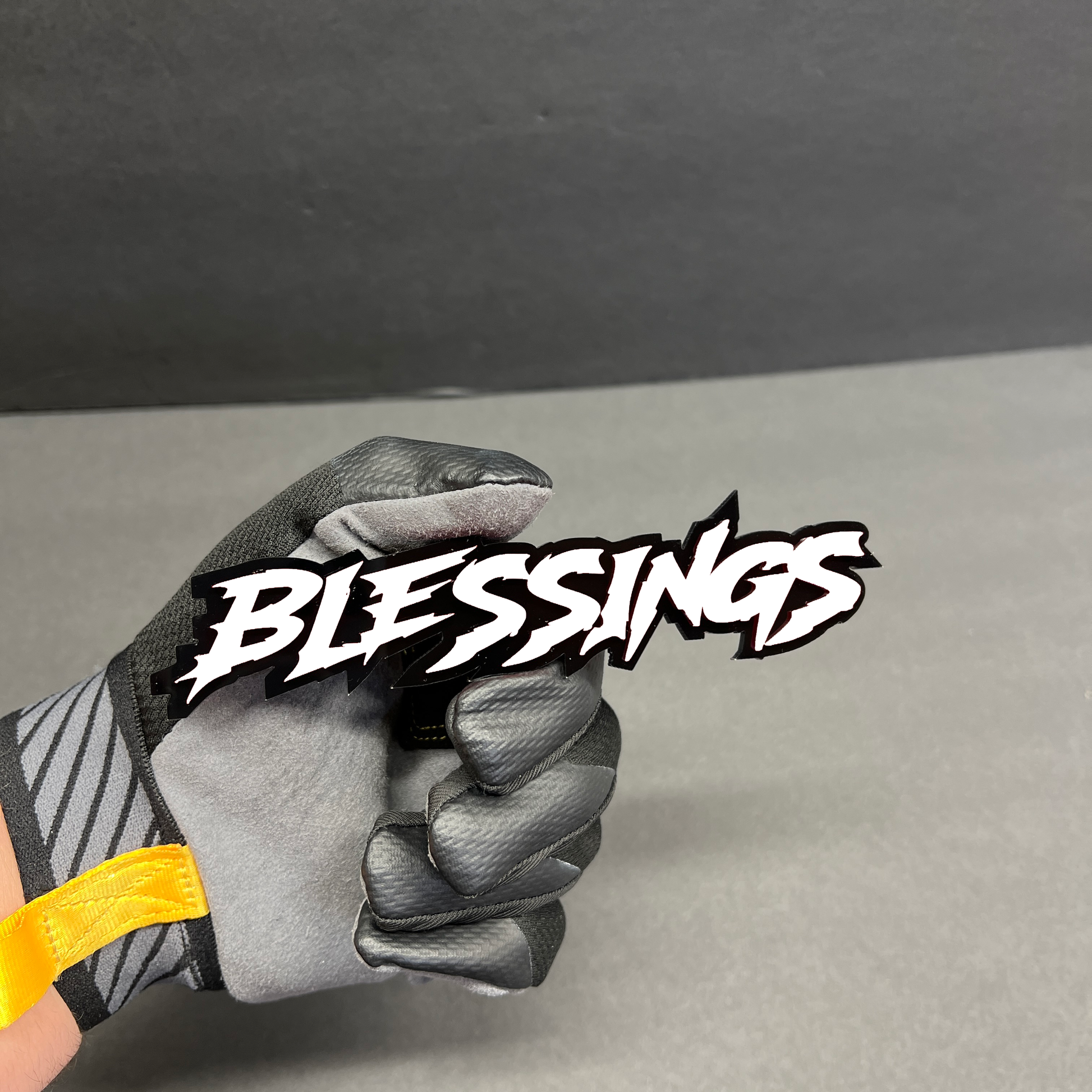 Acrylic Blessings text badge for muscle car exterior styling accessory