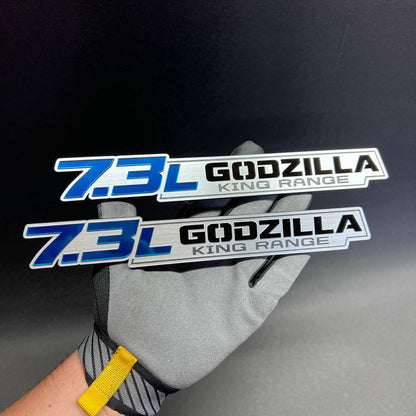 7.3L Godzilla King Range custom car badge in brushed silver and blue finish