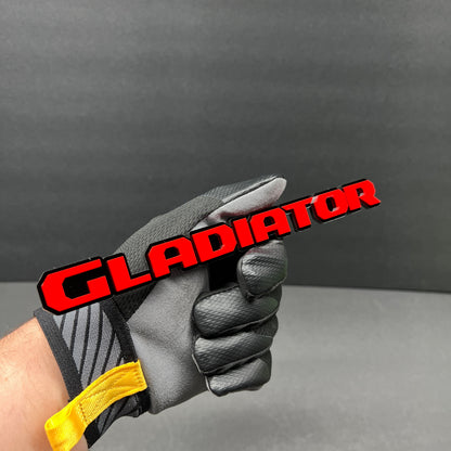 Red and black GLADIATOR acrylic badge with sporty custom automotive lettering