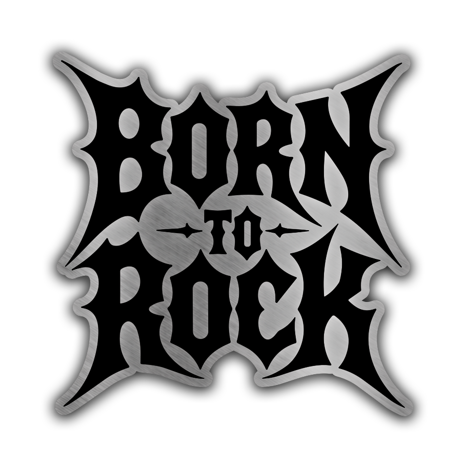 Born to Rock engraved car badge with gothic lettering and brushed metal finish for custom vehicle exterior styling