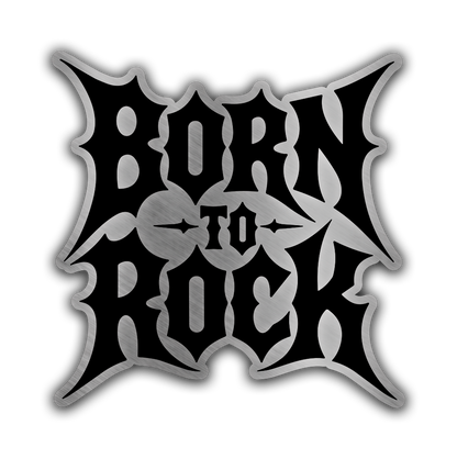 Born to Rock engraved car badge with gothic lettering and brushed metal finish for custom vehicle exterior styling