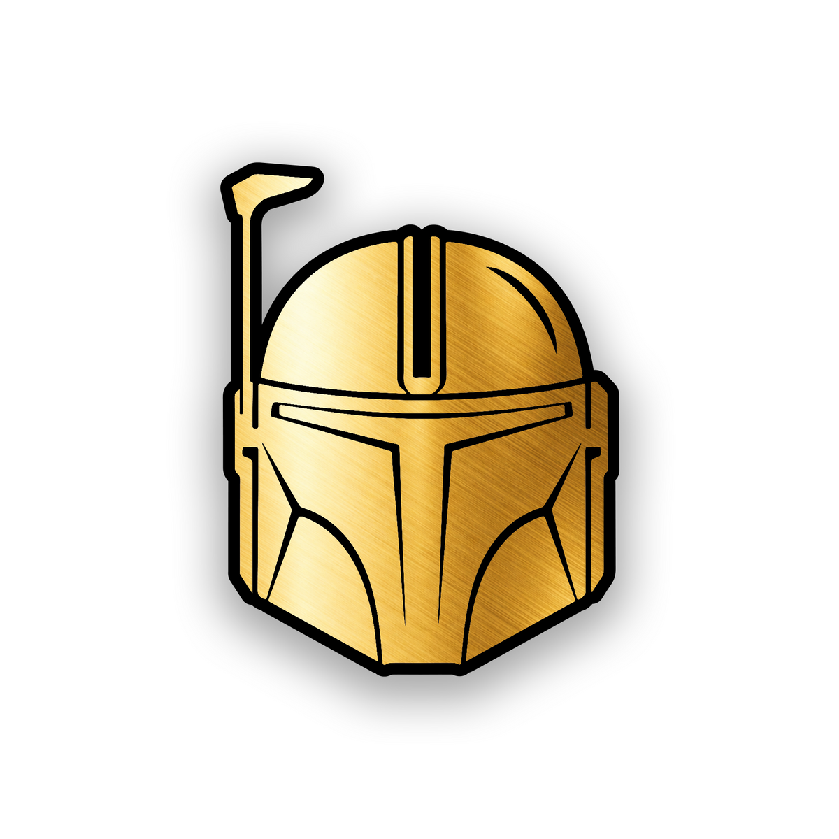 Engraved Mandalorian helmet car badge with clean futuristic automotive artwork