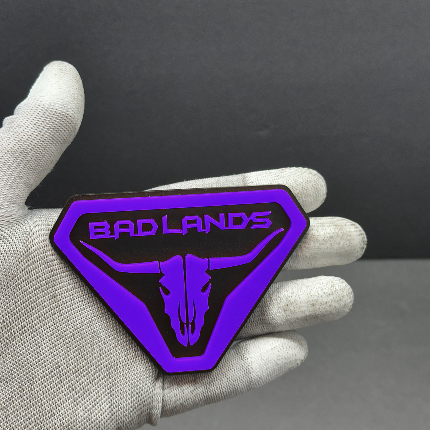 Purple 3D acrylic Bronco Badlands skull fender badge emblem – custom adhesive exterior accessory for Ford Bronco 2021+