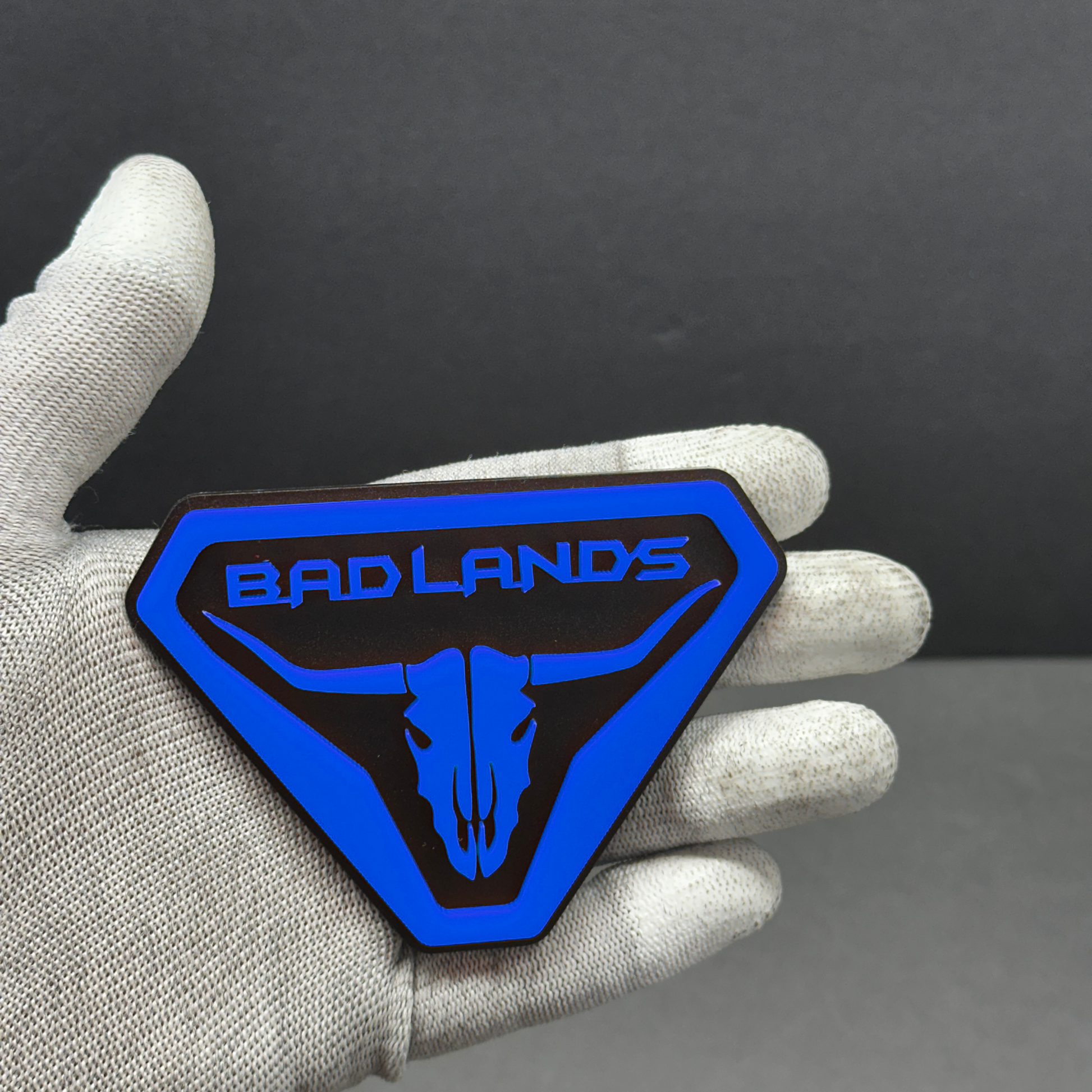 Dark blue 3D acrylic Bronco Badlands skull fender badge emblem – durable adhesive car accessory handcrafted in USA.
