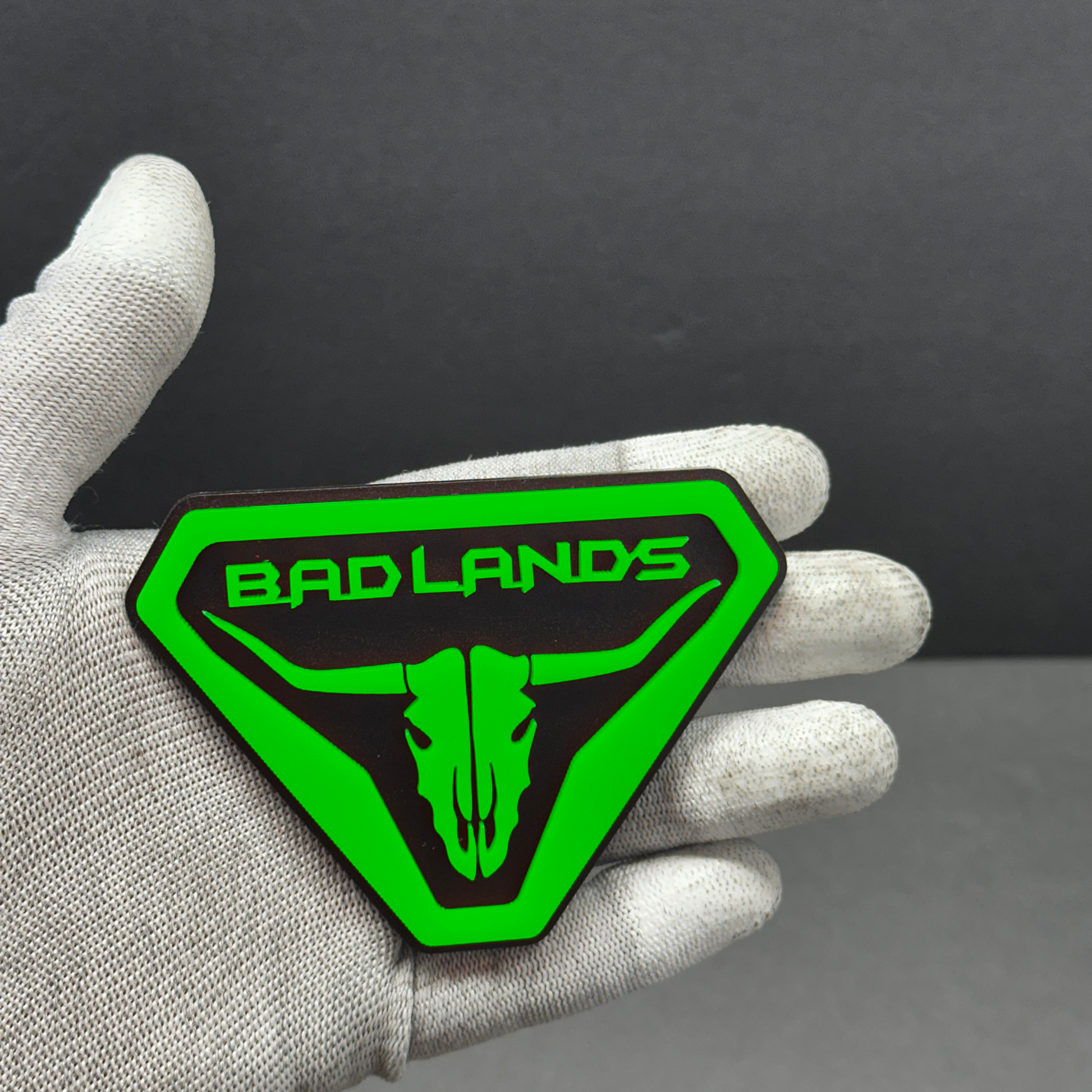 Green 3D acrylic Bronco Badlands skull fender emblem badge – weather resistant adhesive accessory for Ford Bronco.