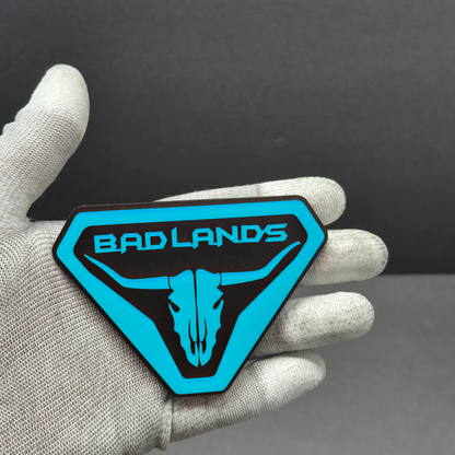 Light blue 3D acrylic Bronco Badlands skull emblem badge – adhesive fender accessory for Ford Bronco SUVs