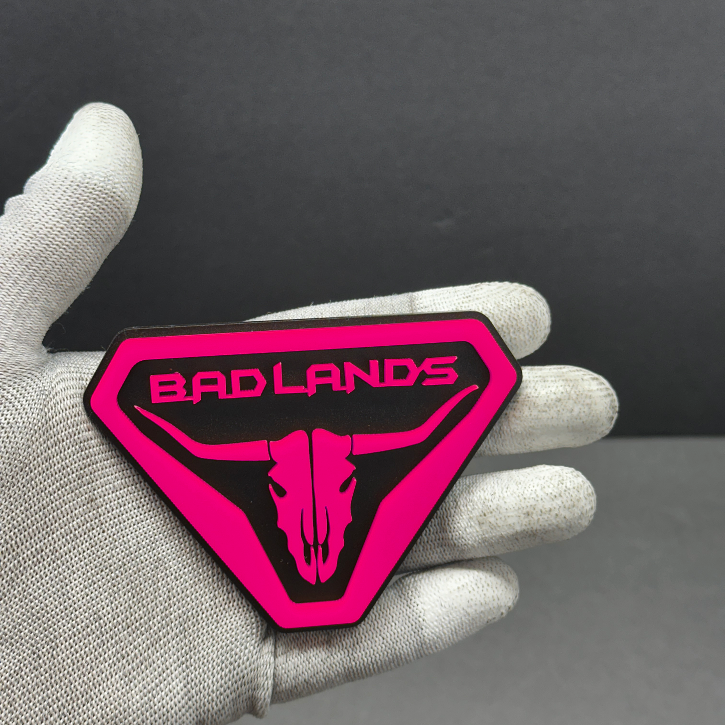 Pink 3D acrylic Bronco Badlands skull fender badge emblem – custom adhesive exterior car accessory.