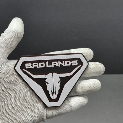 White 3D acrylic Bronco Badlands skull fender badge emblem – adhesive exterior accessory, handcrafted in USA