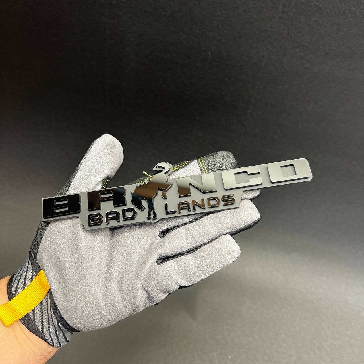 Custom BRONCO BADLANDS side fender badge with glossy black lettering