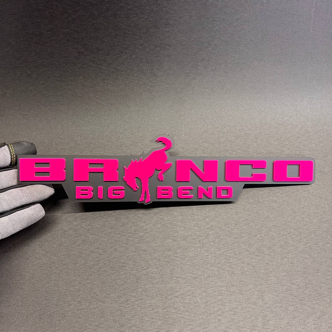Bronco Big Bend car badge fender emblem with pink lettering on gray base