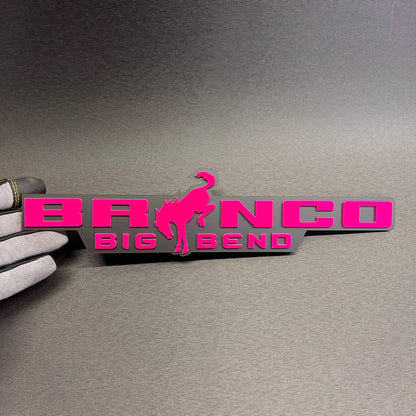 Bronco Big Bend car badge fender emblem with pink lettering on gray base