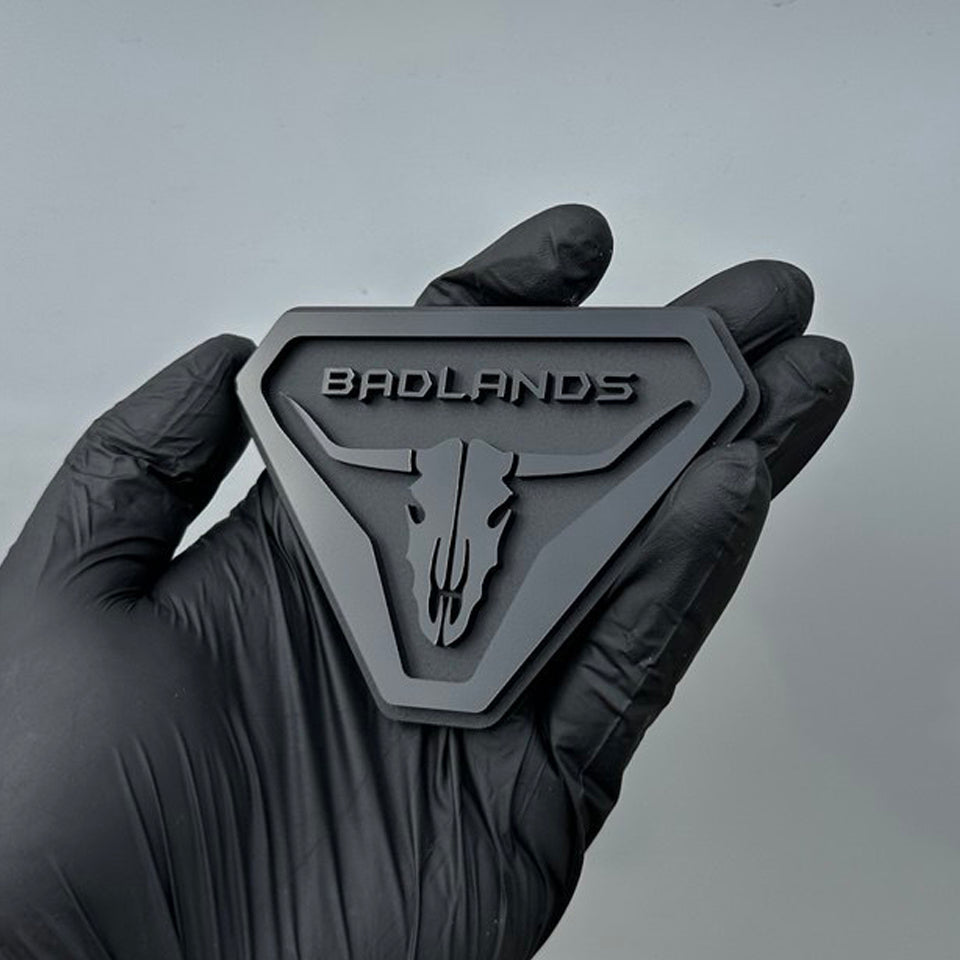 Black 3D acrylic Bronco Badlands skull fender emblem badge – adhesive exterior car accessory handcrafted in USA.