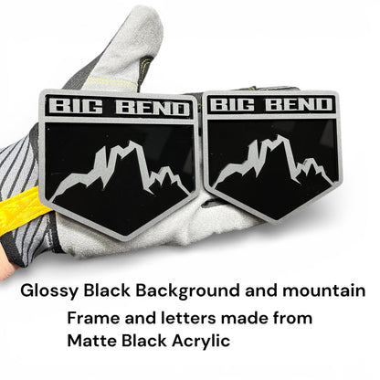Mountain style acrylic badge installed on Ford Bronco tailgate with 3M tape