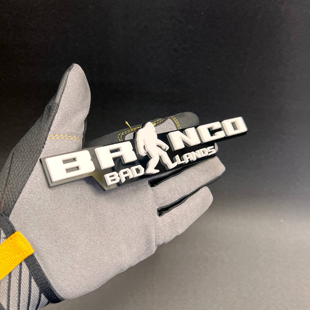 Black and white Bronco Sasquatch truck badge for fender or tailgate