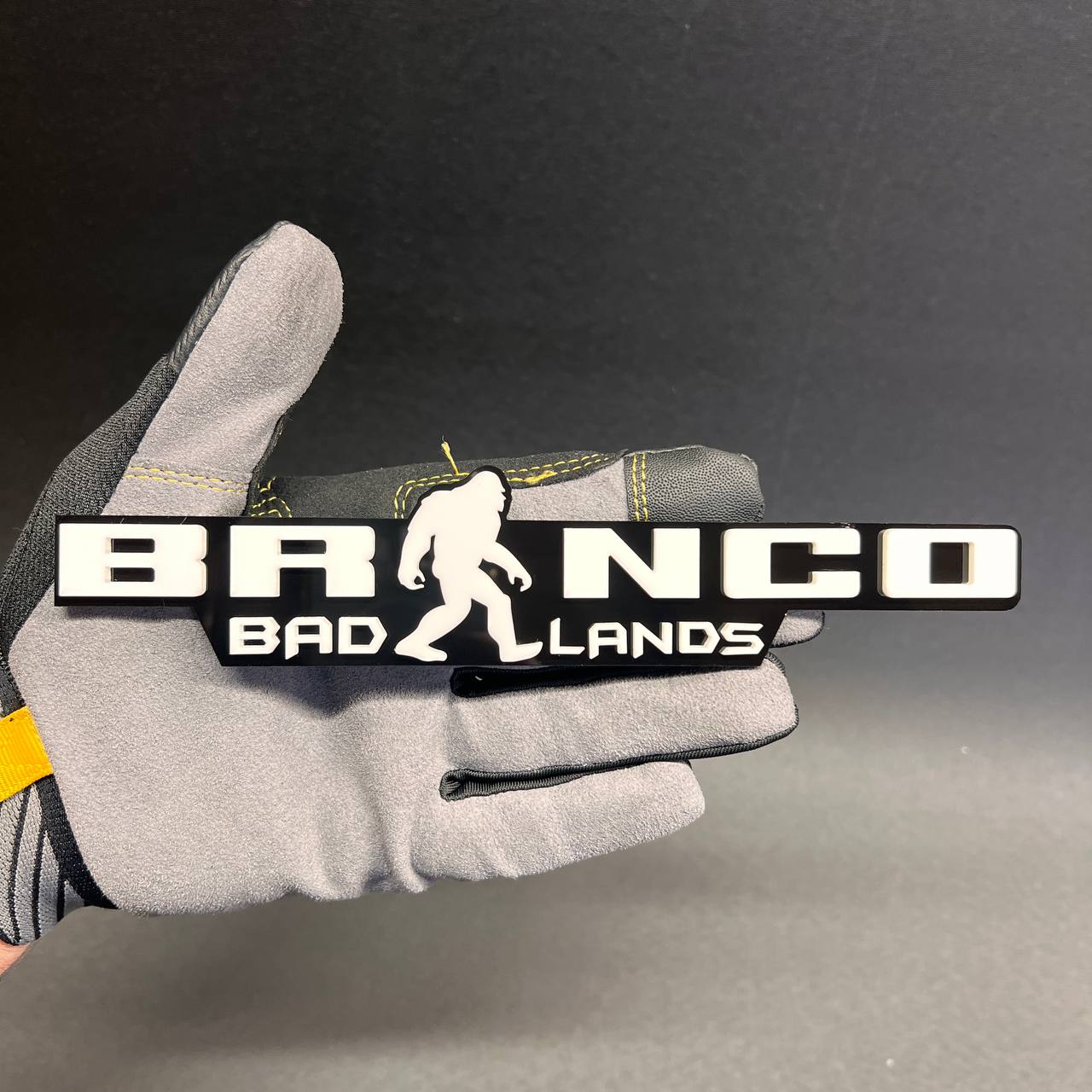 Bronco Sasquatch car badge fender emblem in black and white finish