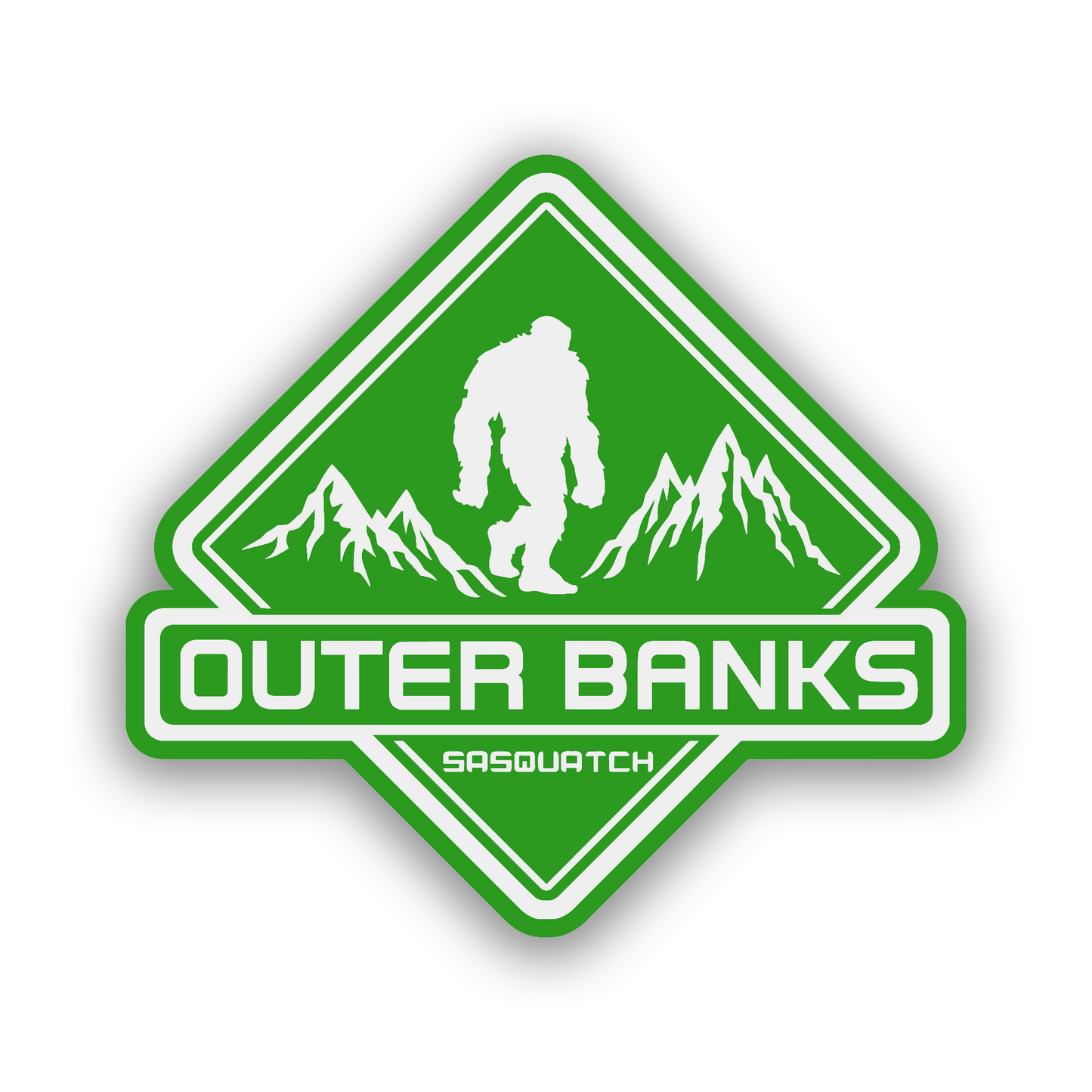 Custom color Outer Banks Sasquatch emblem with mountain and Bigfoot design.