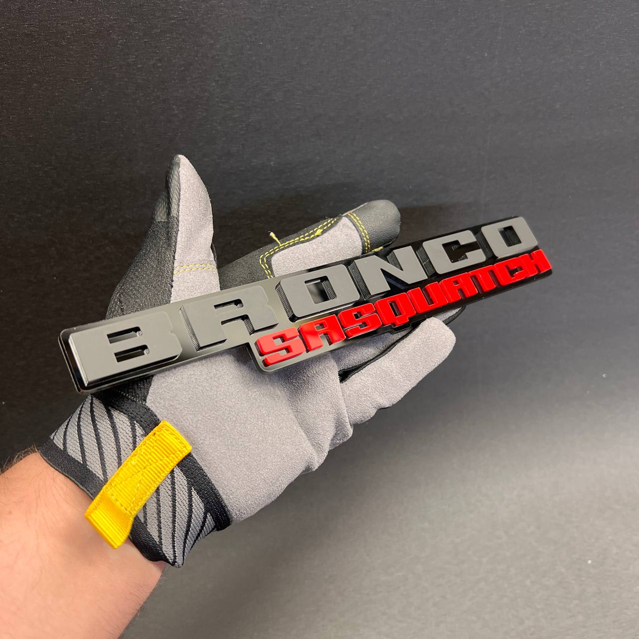 Red and silver BRONCO SASQUATCH car emblem badge for truck exterior styling