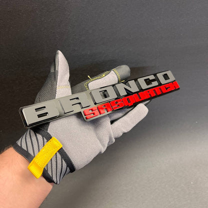Red and silver BRONCO SASQUATCH car emblem badge for truck exterior styling