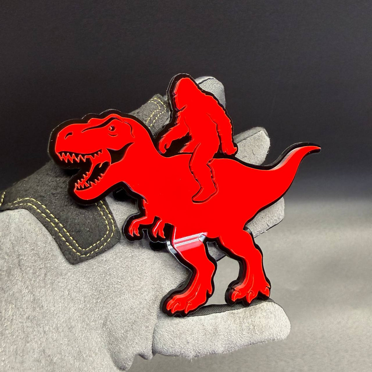 Sasquatch dinosaur car badge designed to fit Ford Bronco and Bronco Raptor