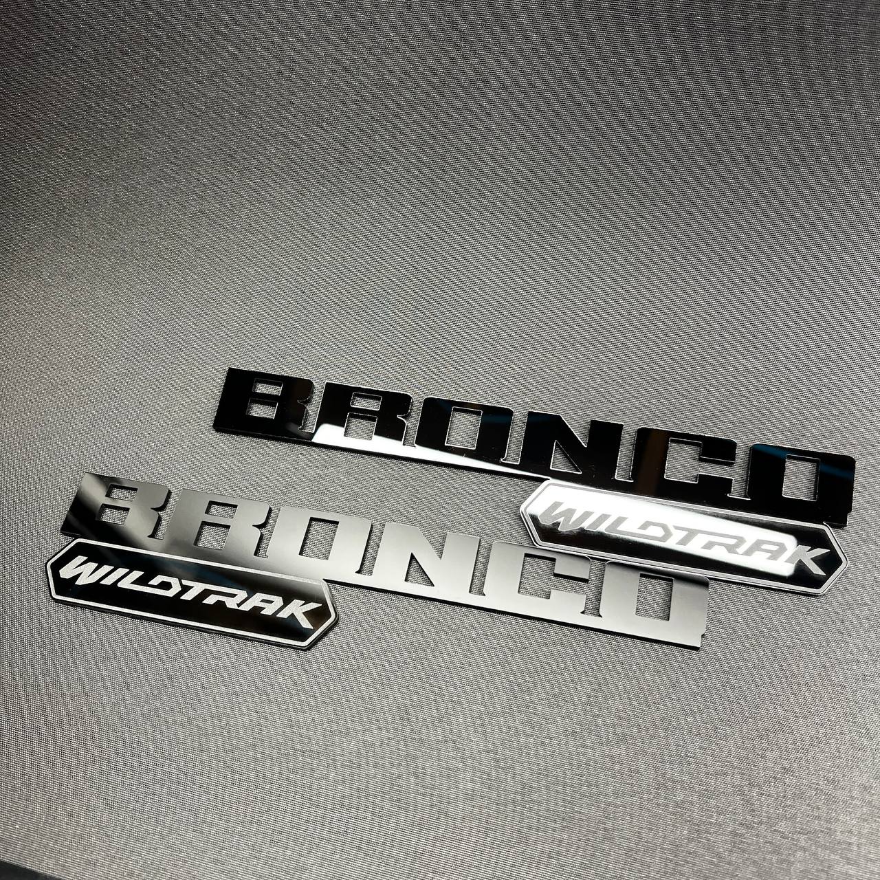 Gloss black and silver Bronco Wildtrak badge for off-road truck style
