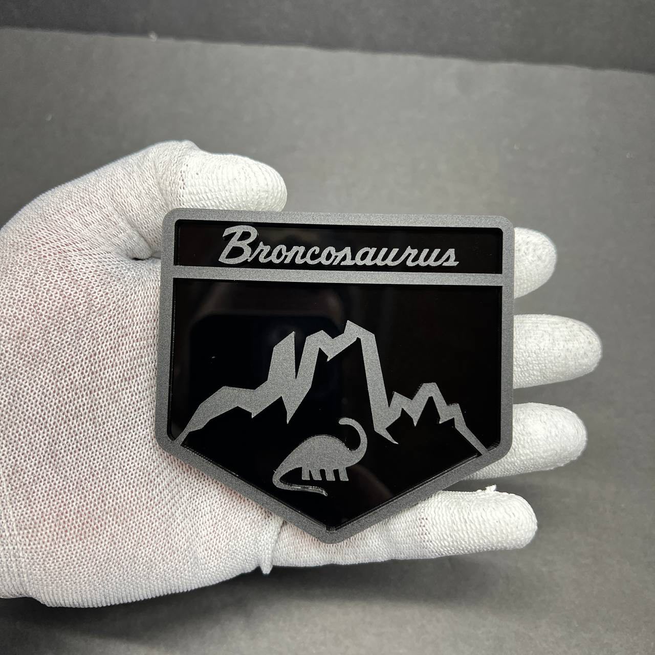 Close-up of Broncosaurus dinosaur emblem for Ford Bronco with mountain design and engraved details