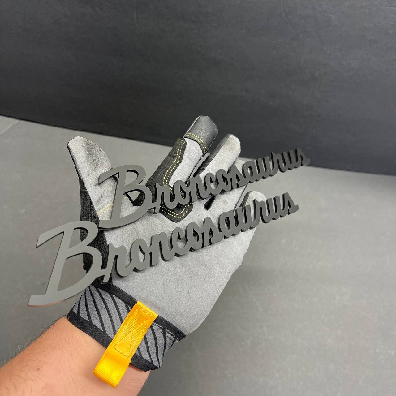 Custom Broncosaurus text car badge with matte black finish