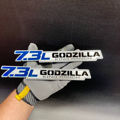 Custom text car emblem reading 7.3L Godzilla King Ranch
