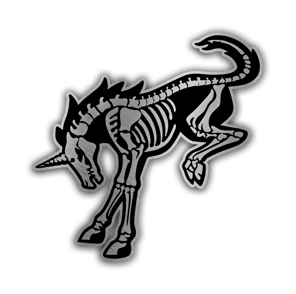 Custom pony skeleton automotive badge for truck, car, fender, tailgate, or exterior decal.